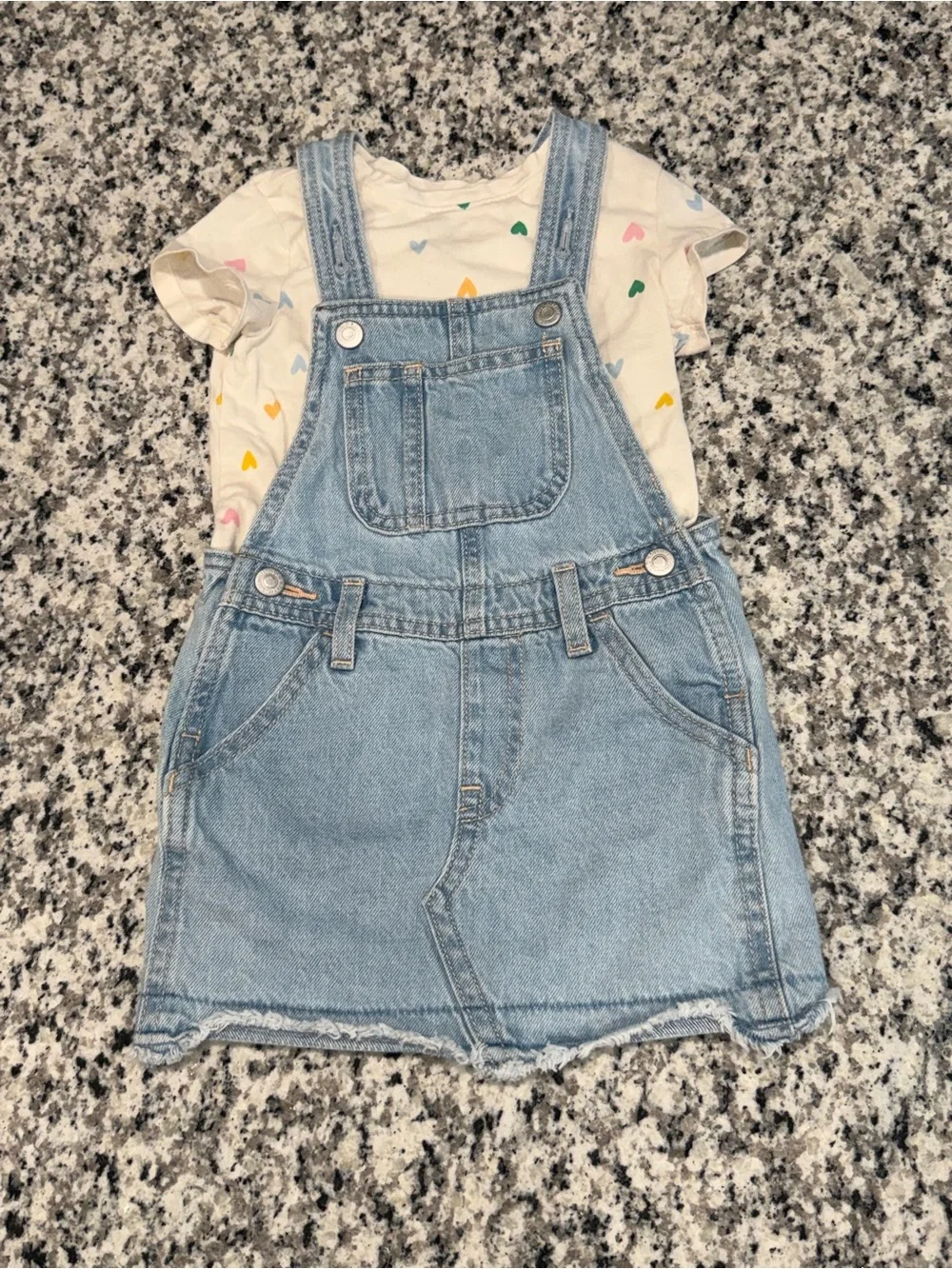 Old Navy Girl's Light Blue Denim Overall Skirt with Heart Print Tee Set, Size 2T